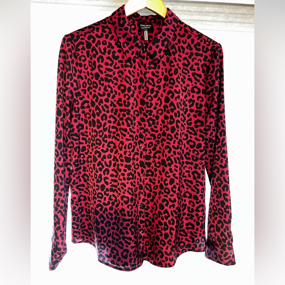 David Lerner Red Leopard Print Button Up Women's Top